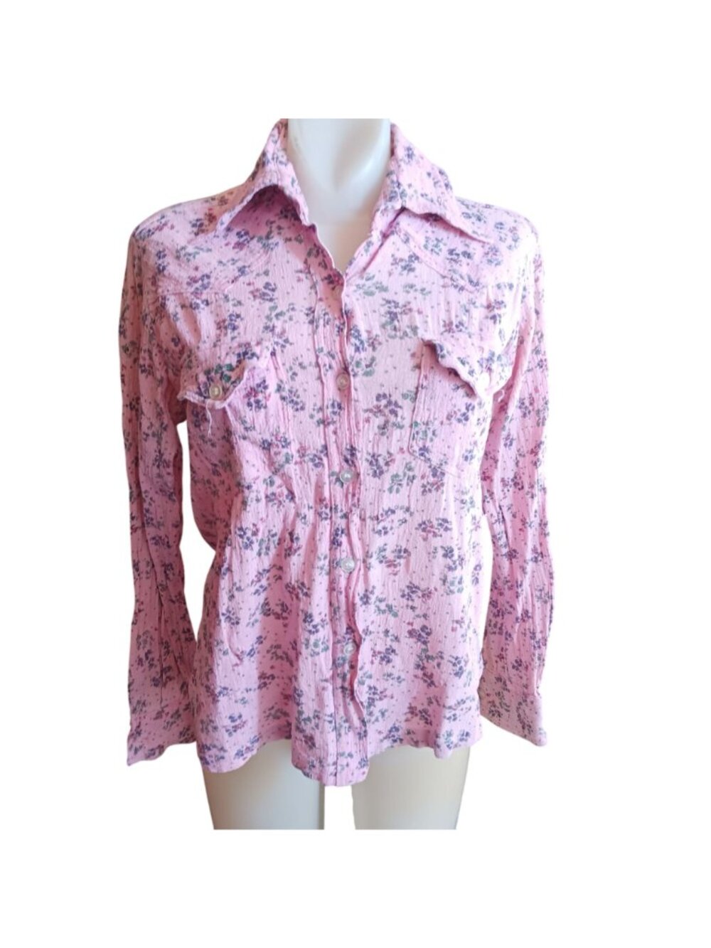 True Vintage Top Large Pink Floral Button-Up Peplum Shirt Long Sleeves Western